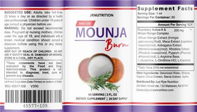 JRNutrition Mounja Burn source label used in the packaging illustration