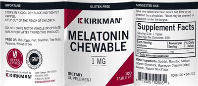 Kirkman Melatonin Chewable 1 mg source label used in the packaging illustration
