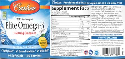 Carlson Elite Omega-3 Gems 1600 mg Natural Lemon Flavor source label used in the packaging illustration