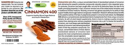 ProCaps Laboratories Cinnamon 400 source label used in the packaging illustration