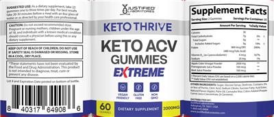 Justified Laboratories Keto Thrive Keto ACV Gummies Extreme 2000 mg source label used in the packaging illustration