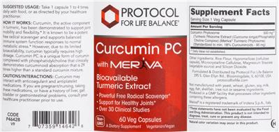 Protocol For Life Balance Curcumin PC with Meriva source label used in the packaging illustration