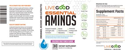 LiveGood Essential Aminos Delicious Fruit Punch Flavor source label used in the packaging illustration