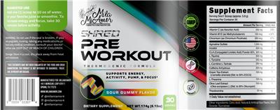 MilaMiAmor Shred Sour Gummy Flavor source label used in the packaging illustration