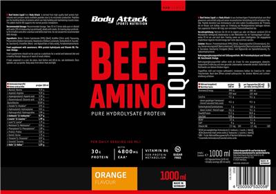 Body Attack Sports Nutrition Beef Amino Liquid Orange Flavour source label used in the packaging illustration