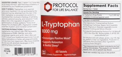 Protocol For Life Balance L-Tryptophan 1000 mg source label used in the packaging illustration
