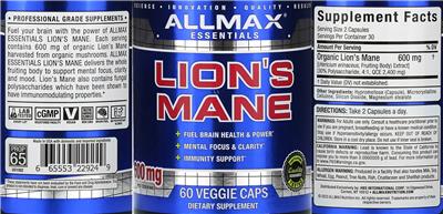 ALLMAX ESSENTIALS Lion's Mane 600 mg source label used in the packaging illustration