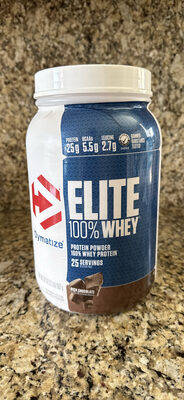 Dymatize Elite 100% Whey Rich Chocolate source label used in the packaging illustration