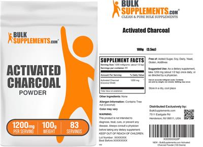 BulkSupplements.com Activated Charcoal Powder 1200 mg source label used in the packaging illustration