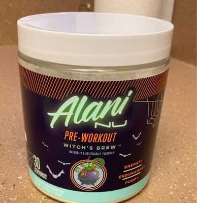 Alani Nu Pre-Workout Witch's Brew source label used in the packaging illustration