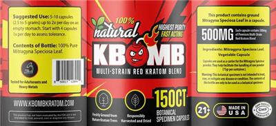 KBomb KBomb Multi-Strain Red Kratom Blend source label used in the packaging illustration
