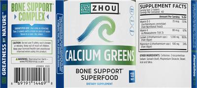 ZHOU Calcium Greens source label used in the packaging illustration