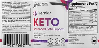 Justified Laboratories Premier Keto source label used in the packaging illustration