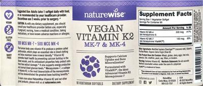 NatureWise Vegan Vitamin K2 source label used in the packaging illustration
