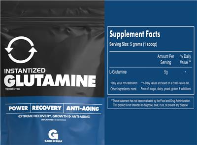 Gains In Bulk Instantized Glutamine Unflavored source label used in the packaging illustration