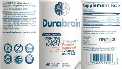Arandi Health DuraBrain source label used in the packaging illustration