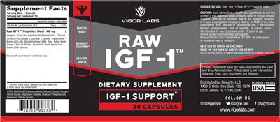 Vigor Labs Raw IGF-1 source label used in the packaging illustration