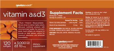 NewtonEverett Vitamin A 3000 mcg RAE & D3 10 mcg source label used in the packaging illustration