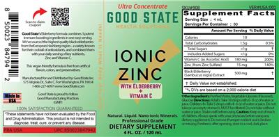 Good State Ionic Zinc with Elderberry + Vitamin C source label used in the packaging illustration