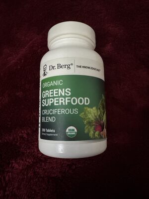 Dr. Berg Organic Greens Superfood Cruciferous Blend source label used in the packaging illustration