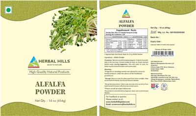 Herbal Hills Alfalfa Powder source label used in the packaging illustration