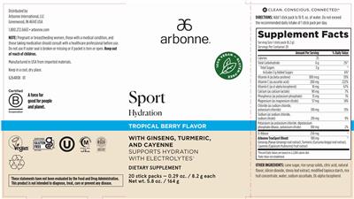 Arbonne Sport Hydration Tropical Berry Flavor source label used in the packaging illustration