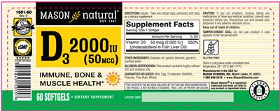 Mason Natural D3 2000 IU (50 mcg) source label used in the packaging illustration