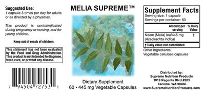 Supreme Nutrition Products Melia Supreme 445 mg source label used in the packaging illustration