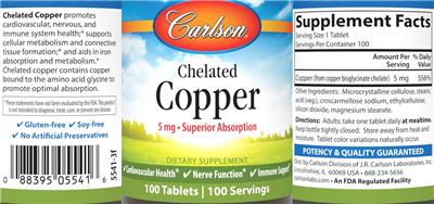 Carlson Chelated Copper 5 mg source label used in the packaging illustration