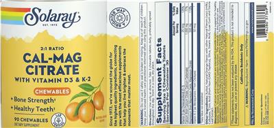 Solaray Cal-Mag Citrate Chewables 2:1 Ratio Natural Orange Flavor product packaging