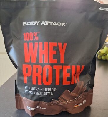 Body Attack Sports Nutrition 100% Whey Protein Chocolate Cream source label used in the packaging illustration