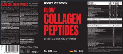Body Attack Glow Collagen Peptides Natural Flavour source label used in the packaging illustration
