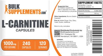 BulkSupplements.com L-Carnitine Capsules 1000 mg source label used in the packaging illustration