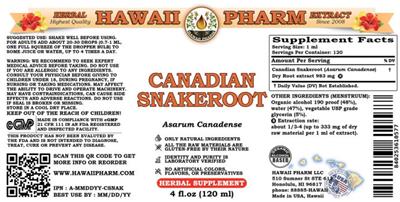 Hawaii Pharm Canadian Snakeroot source label used in the packaging illustration