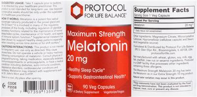 Protocol For Life Balance Maximum Strength Melatonin 20 mg source label used in the packaging illustration