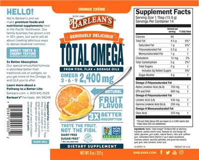 Barlean's Seriously Delicious Total Omega Orange Creme source label used in the packaging illustration