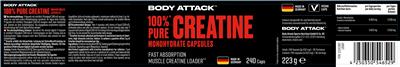 Body Attack 100% Pure Creatine Monohydrate Capsules source label used in the packaging illustration