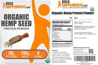BulkSupplements.com Organic Hemp Seed Protein Powder 30 g source label used in the packaging illustration