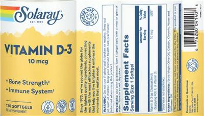 Solaray Vitamin D-3 10 mcg product packaging