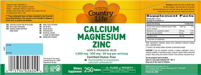 Country Life Calcium 1000 mg Magnesium 500 mg Zinc 50 mg with L-Glutamic Acid source label used in the packaging illustration