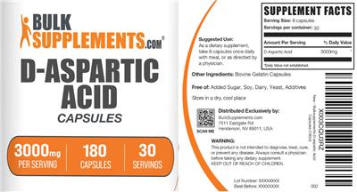 BulkSupplements.com D-Aspartic Acid 3000mg Capsules source label used in the packaging illustration
