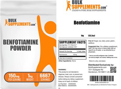 BulkSupplements.com Benfotiamine Powder 150 mg source label used in the packaging illustration