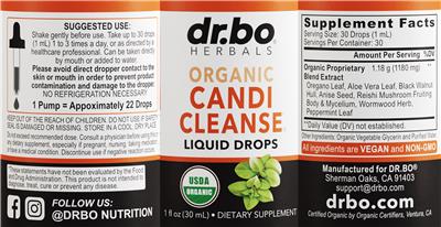 dr.bo HERBALS Organic Candi Cleanse Liquid Drops source label used in the packaging illustration