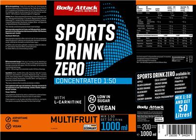 Body Attack Sports Nutrition Sports Drink Zero Multifruit Flavour product packaging