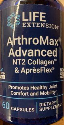 Life Extension ArthroMax Advanced NT2 Collagen & ApresFlex source label used in the packaging illustration