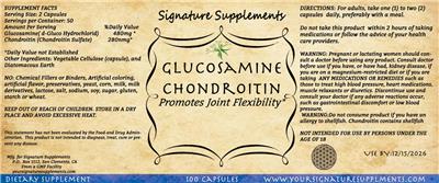 Signature Supplements Glucosamine Chondroitin source label used in the packaging illustration