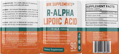 KRK Supplements R-Alpha Lipoic Acid 200 mg source label used in the packaging illustration