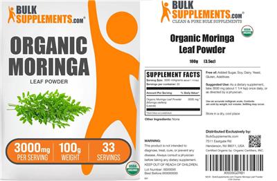 BulkSupplements.com Organic Moringa Leaf Powder 3000 mg product packaging