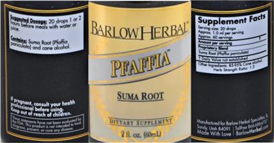 Barlow Herbal Pfaffia Suma Root Tincture source label used in the packaging illustration