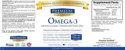 Premium Certified Omega-3 source label used in the packaging illustration